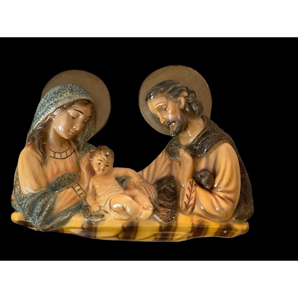 VINTAGE Mary, Joseph And Baby Jesus Ceramic Statue  9" Tall 11 1/2Long nice LOOK